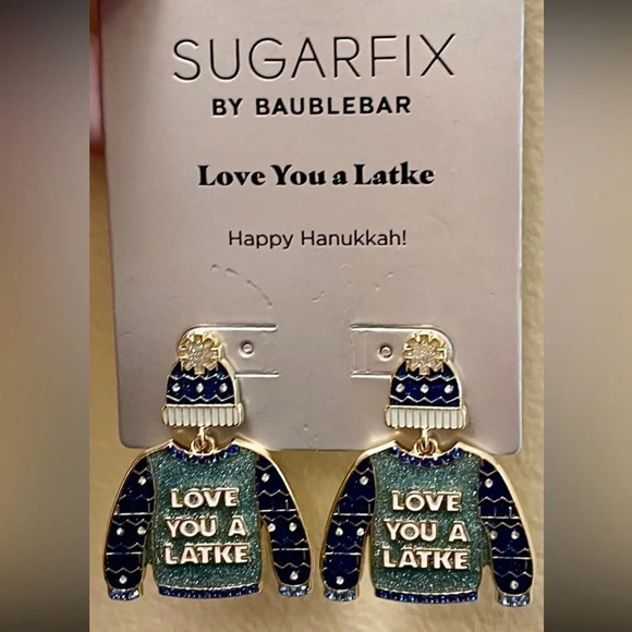 BAUBLEBAR Hanukkah Chanukah Jewish ‘Love You A Latke’ Ugly Sweater Earrings NWT - Picture 1 of 4
